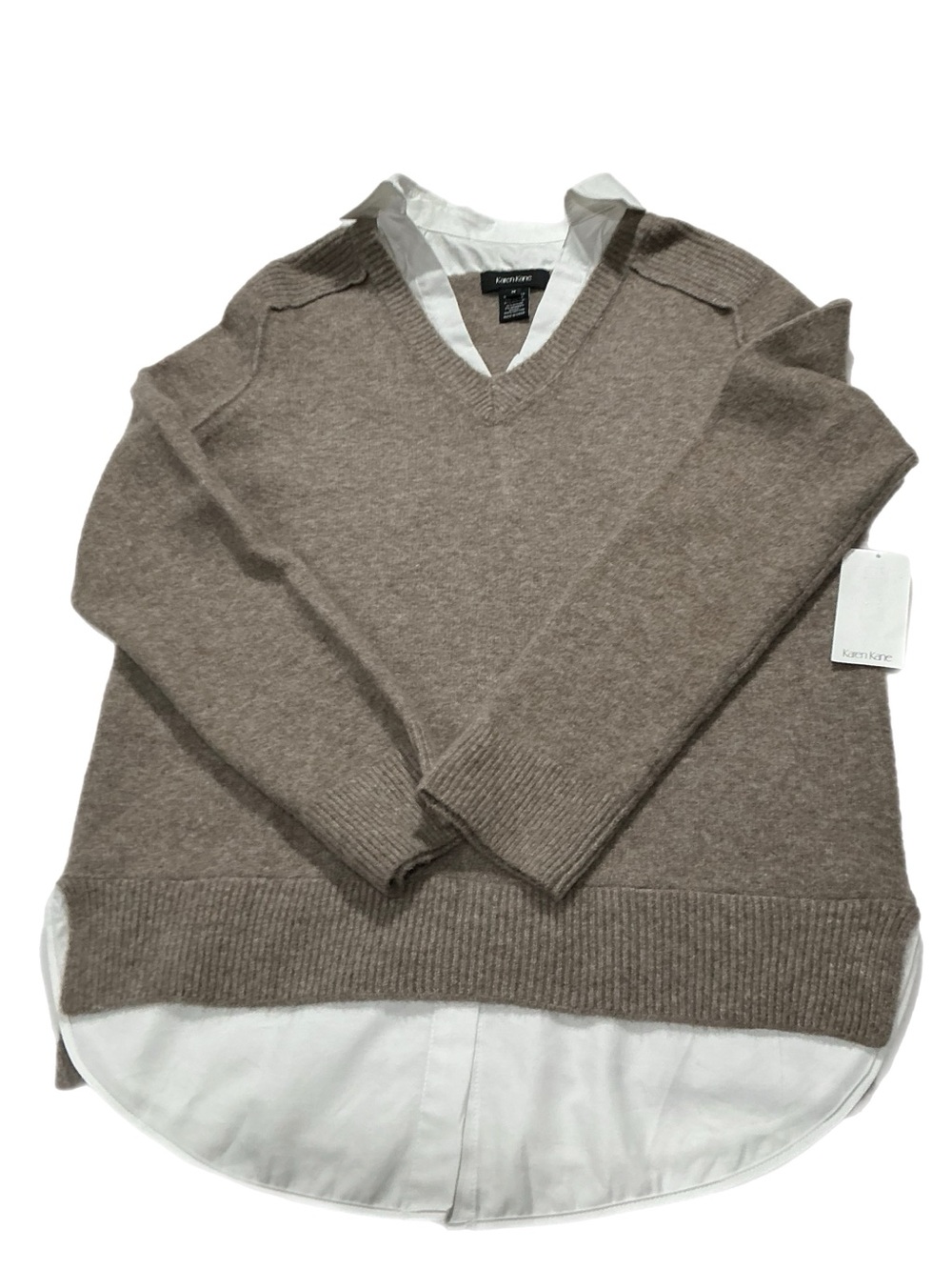 Karen Kane NWT Layered V-Neck Sweater Shirt Tunic Taupe Brown M